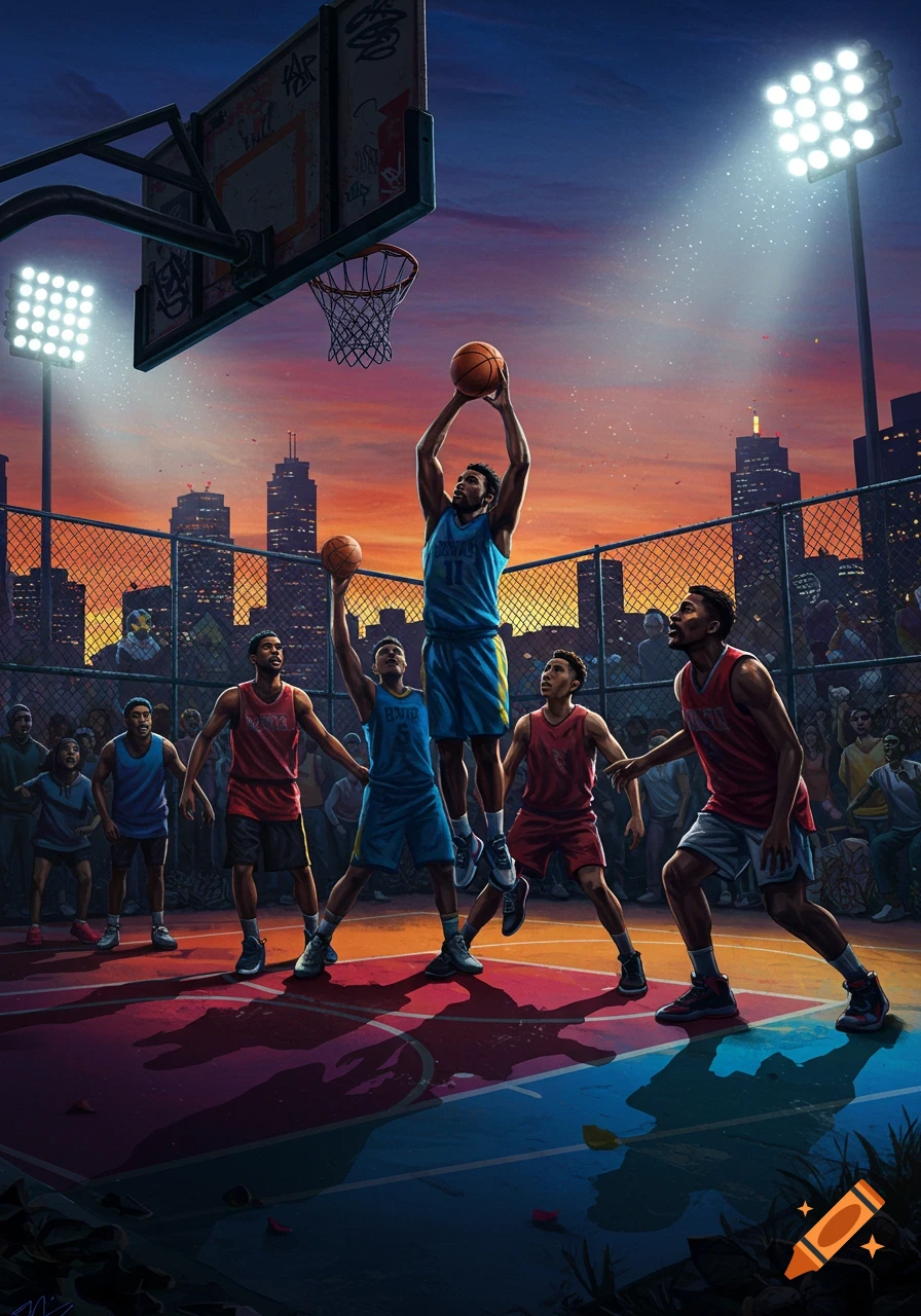 A stylized illustration of a basketball game on an urban court at sunset, with players in action against a city skyline.