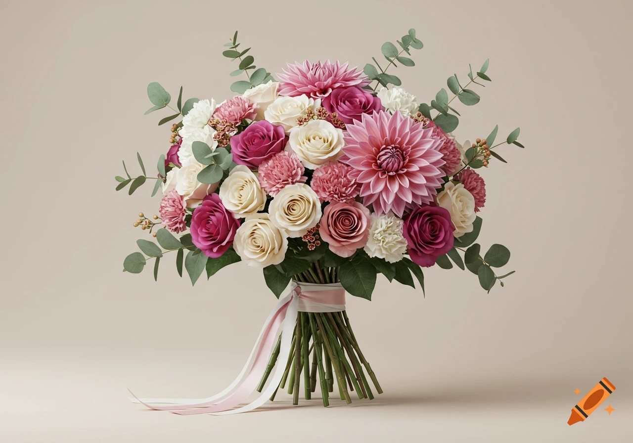 A vibrant bouquet featuring pink dahlias, cream, white, and deep pink roses, white carnations, and eucalyptus, tied with a pink and white ribbon.