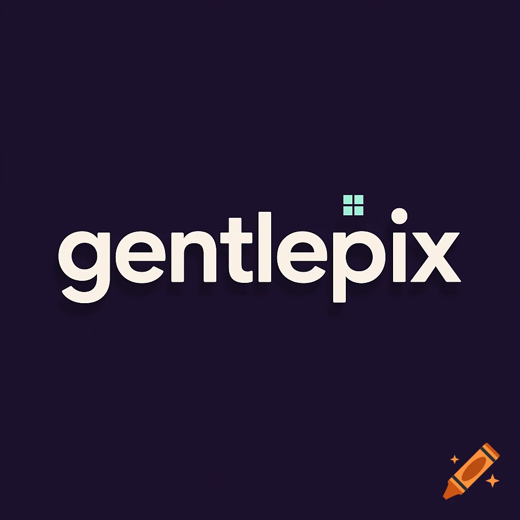 Off-white 'gentlepix' wordmark in a rounded font with a mint pixel icon over the 'i', on a dark purple background.