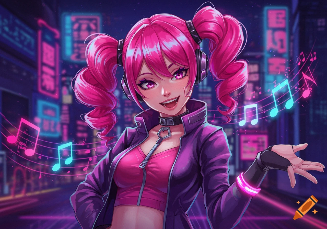Anime girl with pink pigtails and headphones, wearing a crop top and jacket, against a neon cyberpunk city background with musical notes.