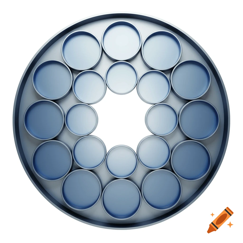 A large gray circular object containing 16 smaller blue-gray circles arranged concentrically around a white center.