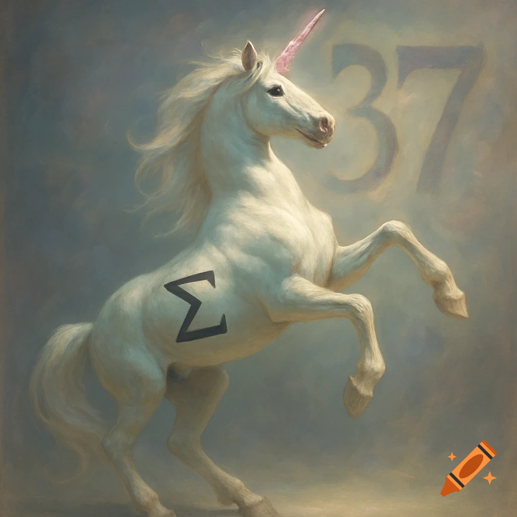 A white unicorn with a pink horn rears on its hind legs, featuring a black sigma symbol on its flank and the number 37 in the painted background.