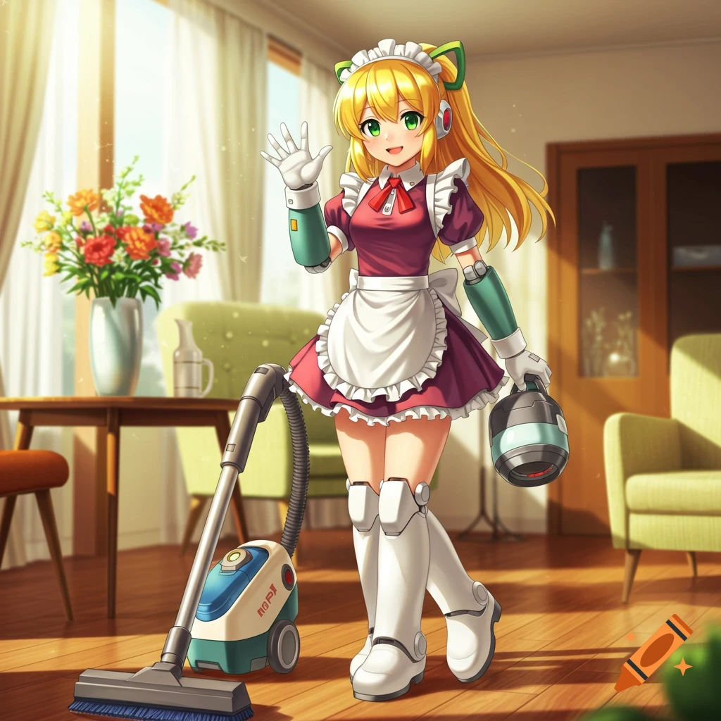 A cute anime-style humanoid robot maid in a pink outfit and white apron waves while standing next to a vacuum cleaner in a sunny room.