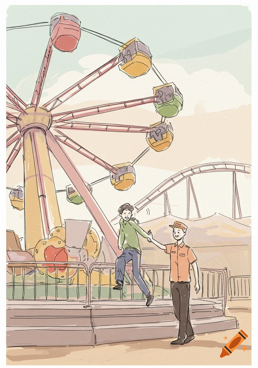 A simple sketch illustration shows a person getting onto an amusement park ride with help from a staff member, a Ferris wheel and roller coaster in the background.