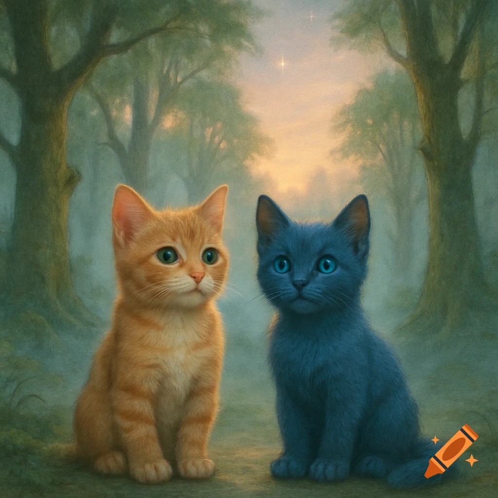 A ginger kitten and a blue kitten sit side-by-side in a misty, dreamlike forest with trees and a fading star in the sky.