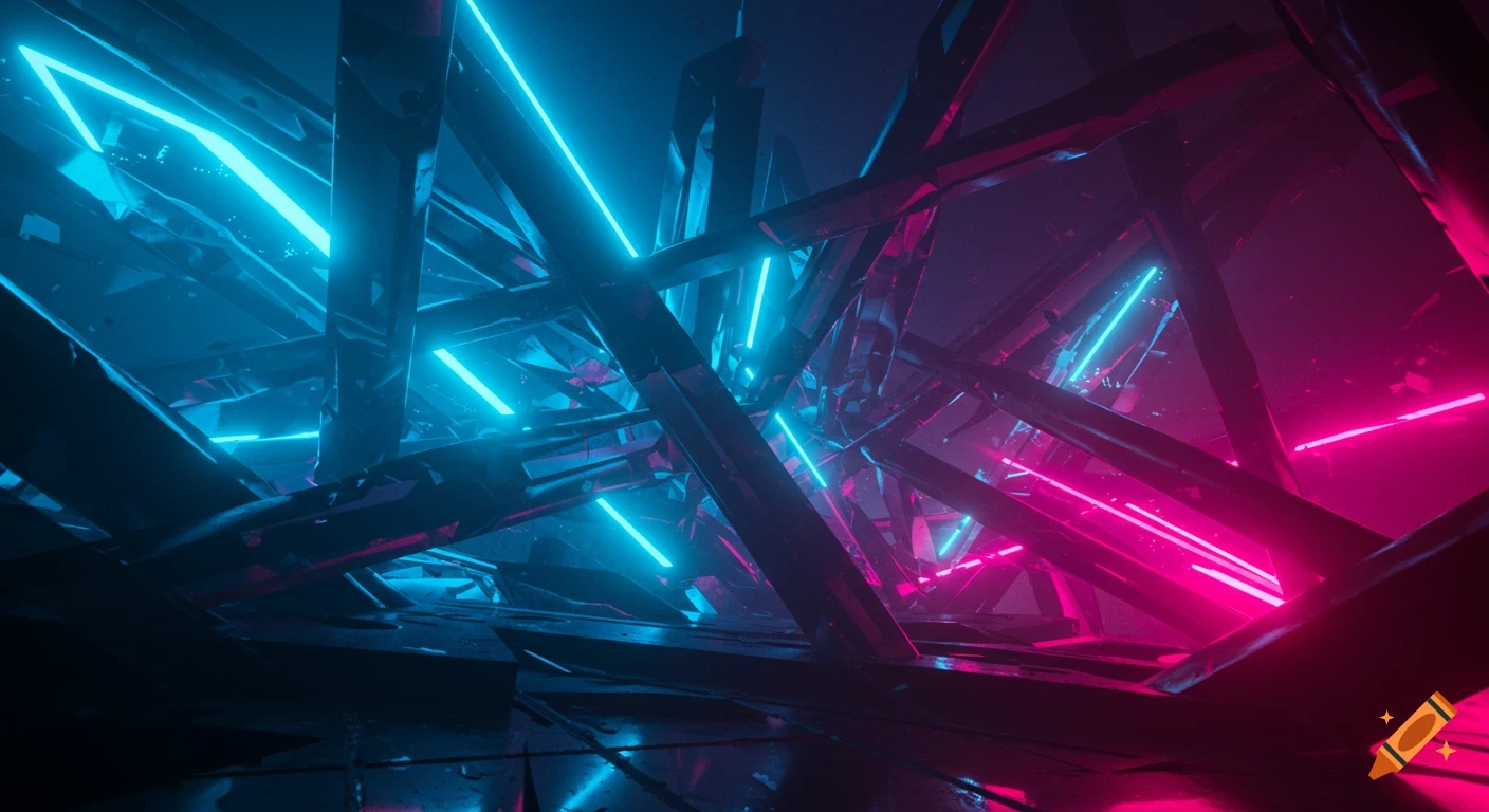 Abstract geometric shapes with glowing blue and pink neon lights in a dark, futuristic 3D composition.