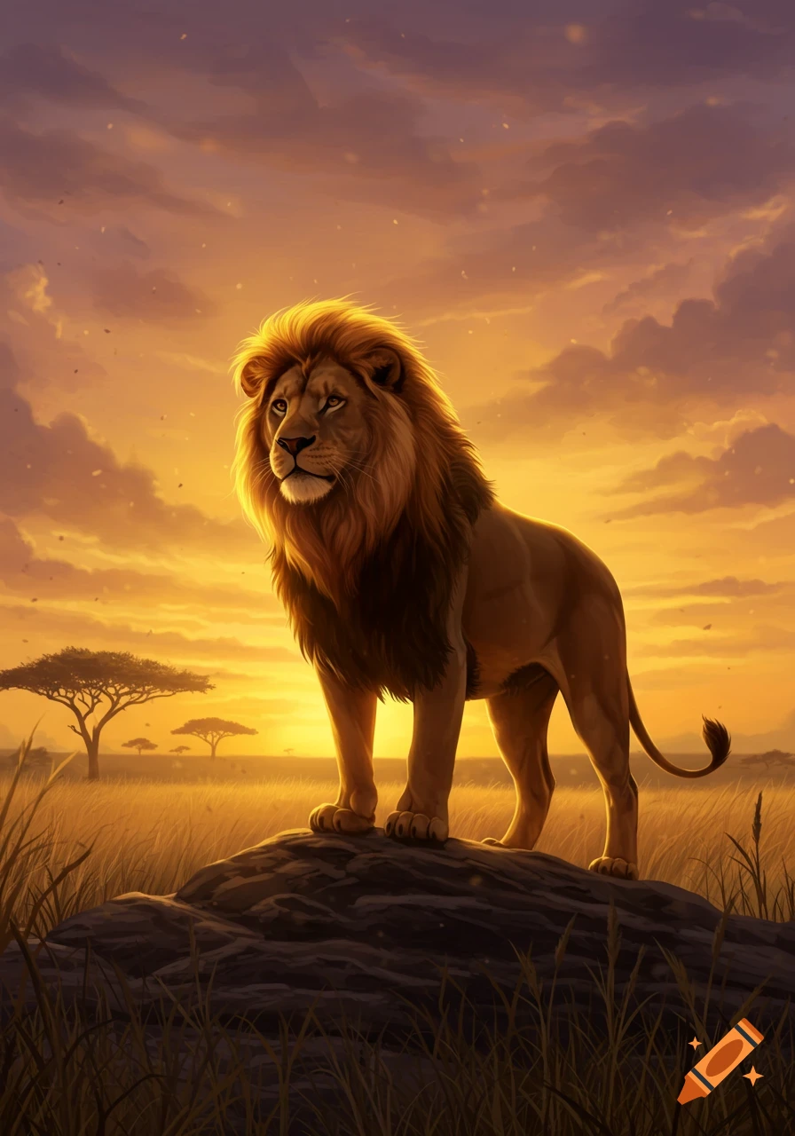 A majestic lion with a flowing mane stands on a dark rock in a golden savanna at sunset, with acacia trees in the distance.