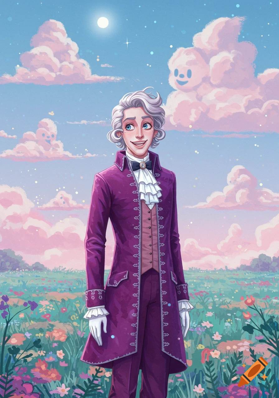 Smiling dandy with white wig and purple coat in a vibrant wildflower field under a pastel sky with whimsical, smiling clouds.