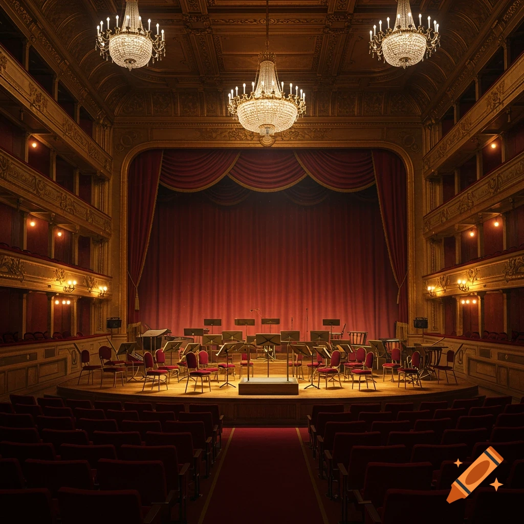 A grand, empty orchestra hall with a stage set with music stands, red curtains, red velvet seats, and ornate chandeliers.