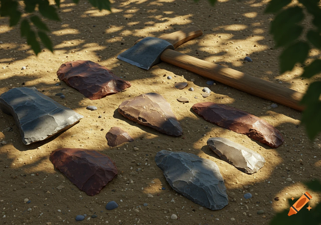 Various stone tools and an axe blade rest on sandy ground, bathed in dappled sunlight through overhead leaves.