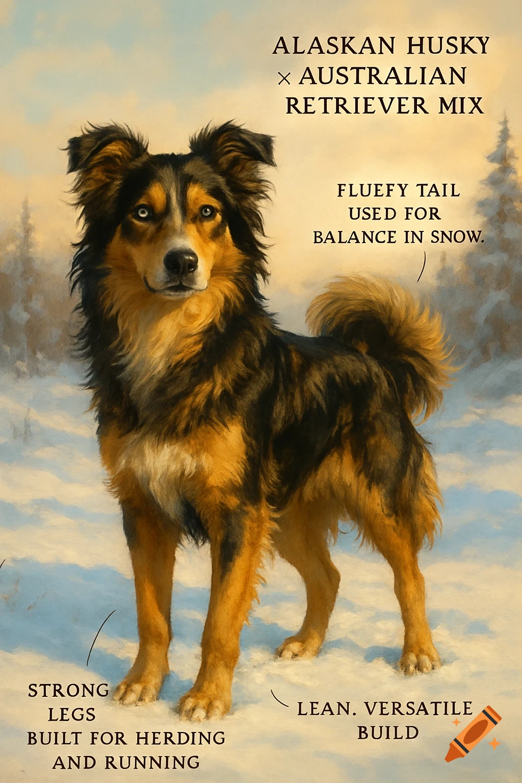 A painting of a black and tan Alaskan Husky Australian Retriever mix dog with blue eyes standing in a snowy landscape, with descriptive labels.