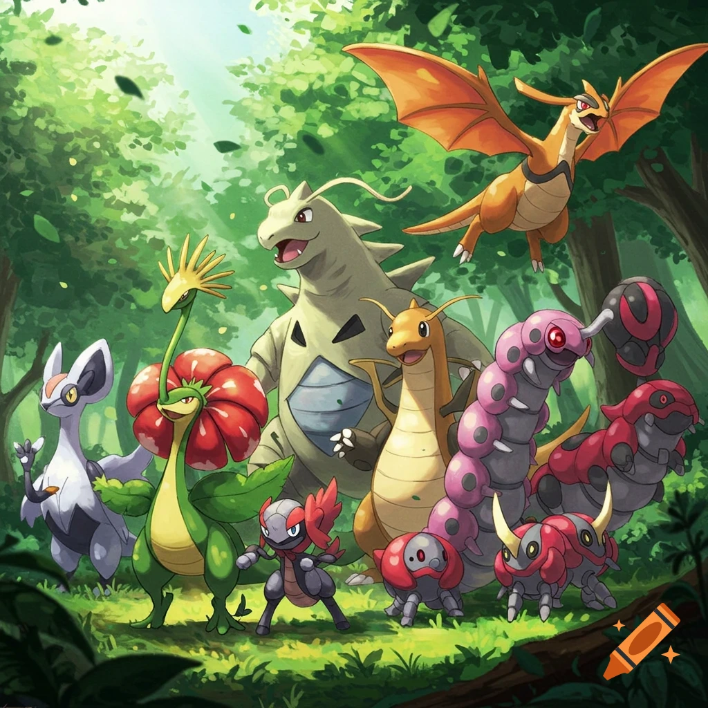A group of colorful Pokémon, including Meganium, Tyranitar, Dragonite, Scolipede, and Falinks, stands in a lush, sunlit forest.
