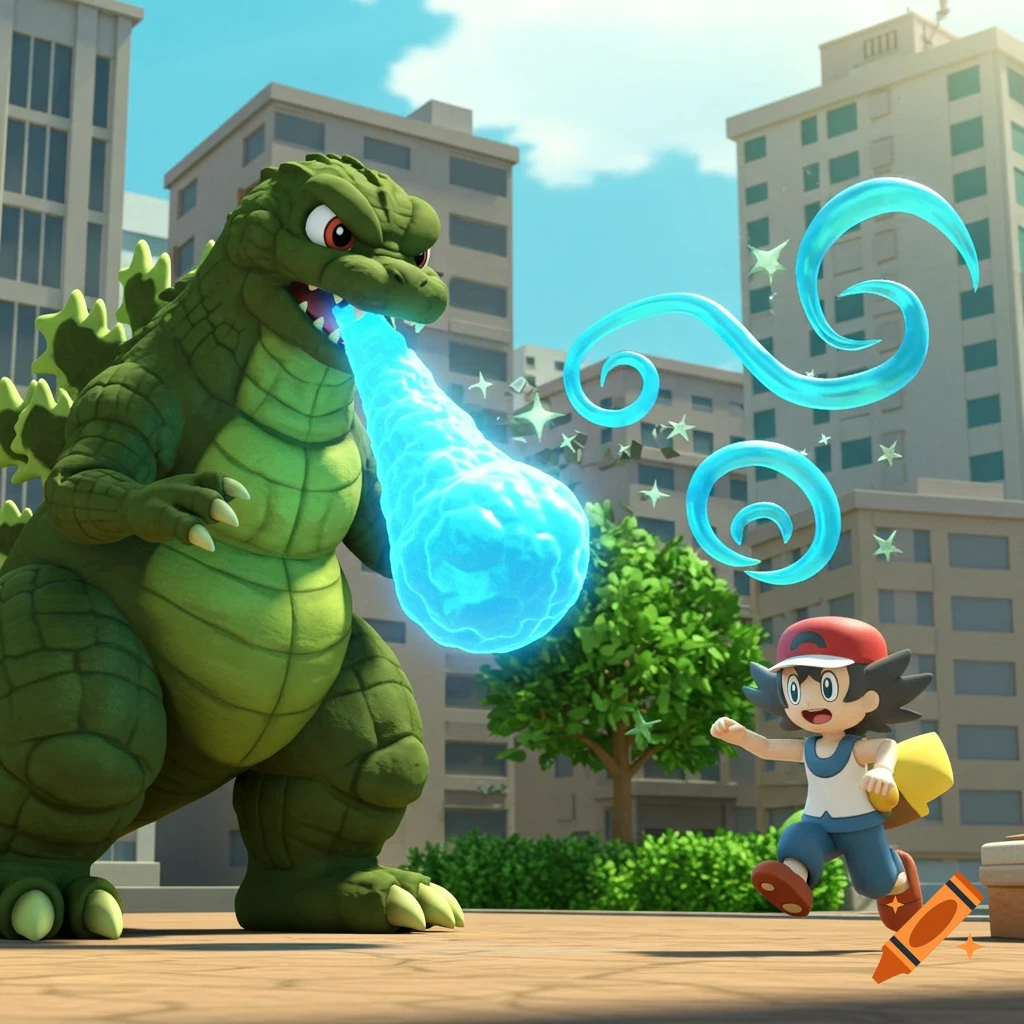 Cartoon 3D Godzilla breathes blue energy at Ash Ketchum in a city scene.