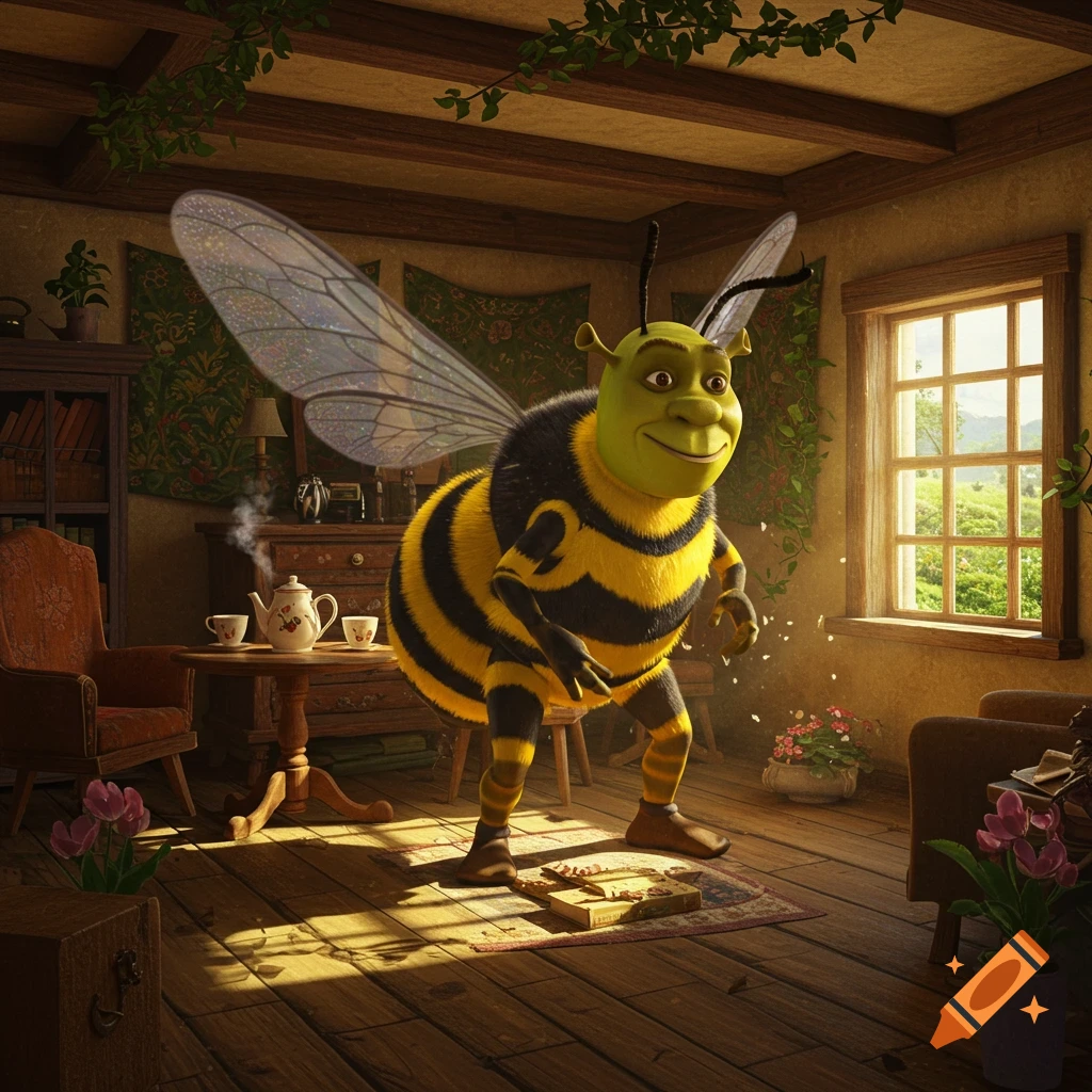 A large, smiling Shrek-like bee stands in a sunlit, rustic room with a teapot and books.