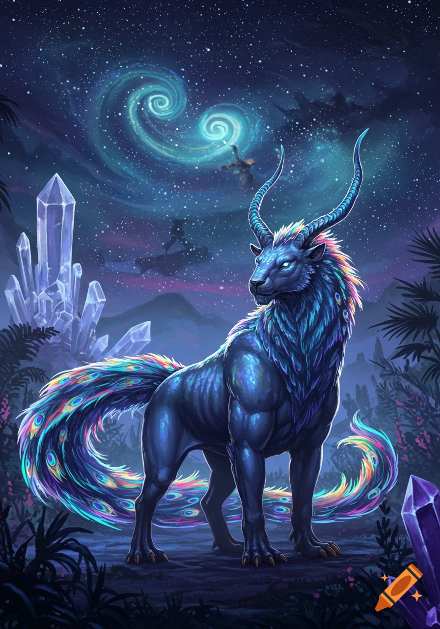 A majestic blue fantasy creature with glowing eyes, large horns, and a rainbow peacock tail stands among glowing crystals under a starry, swirling cosmic sky.