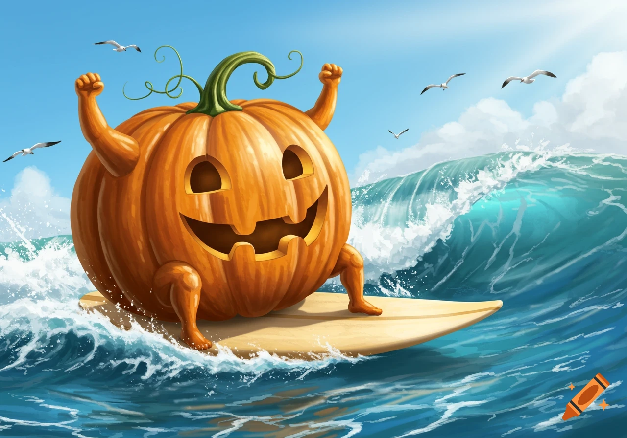 A cheerful, carved jack-o'-lantern pumpkin with arms and legs surfs a large blue wave under a sunny sky with seagulls.