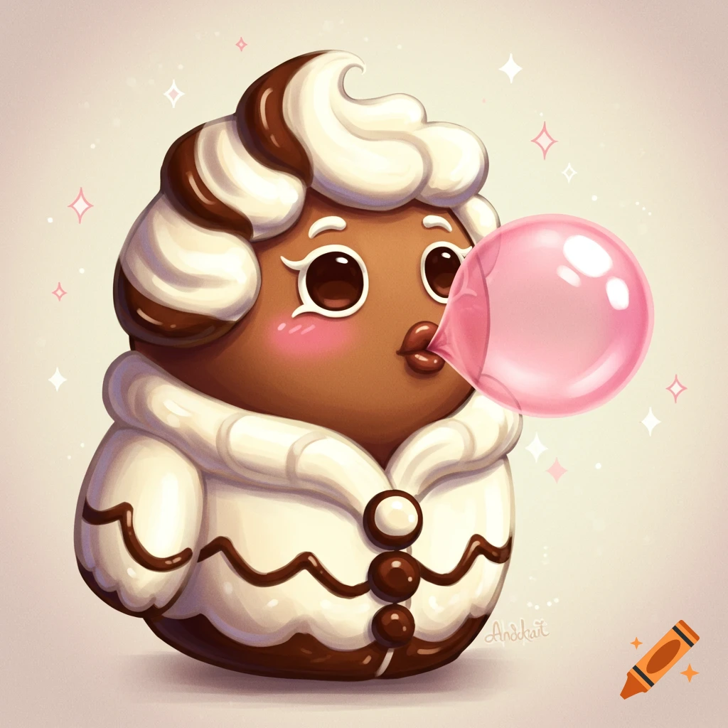 A cute cartoon chocolate and white cookie character with a white coat blows a large pink bubblegum bubble, with sparkles.