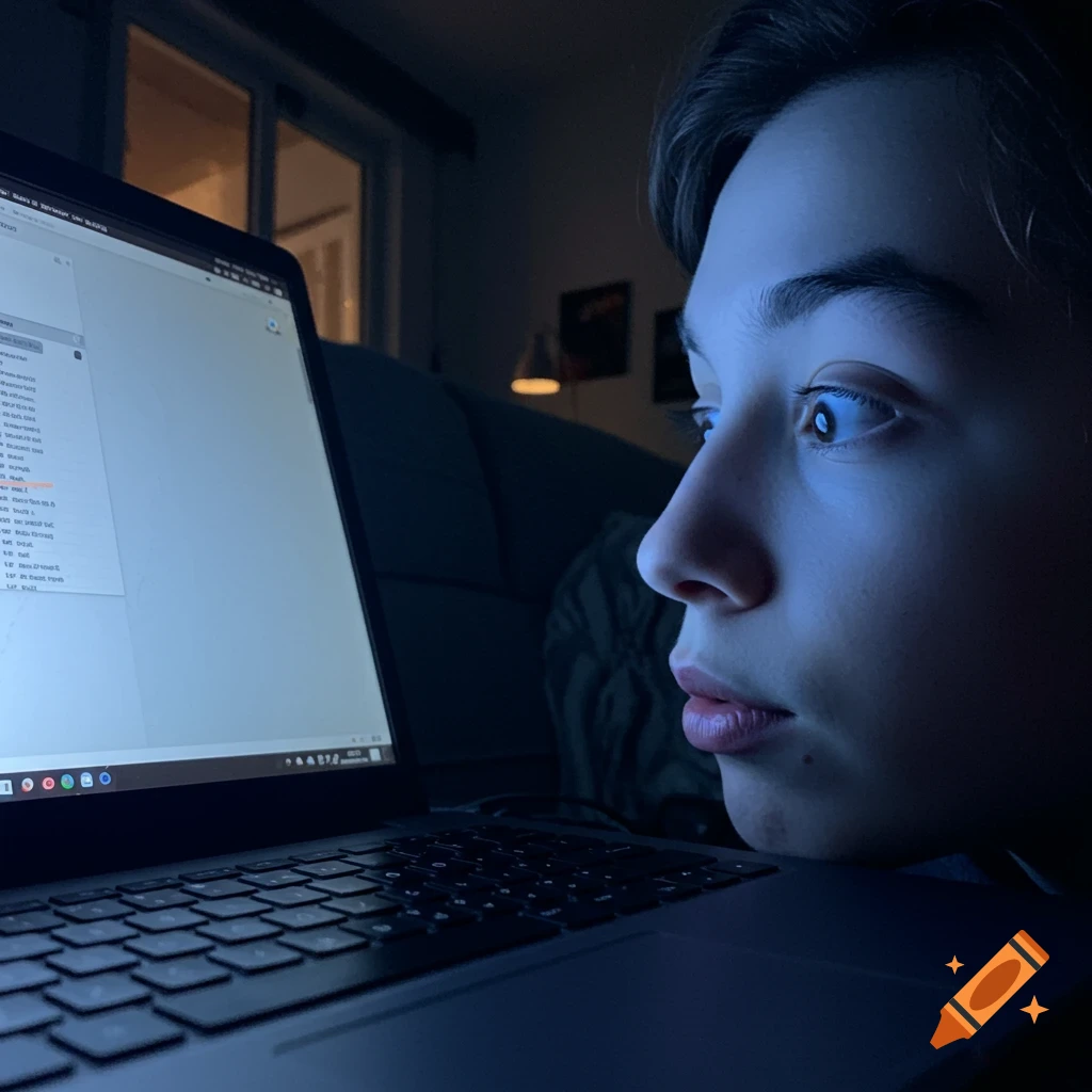 A person's face, illuminated by the blue light of a laptop screen in a dark room.