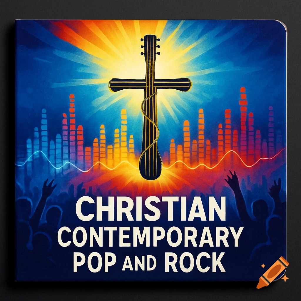 A vibrant album cover features a guitar-shaped cross radiating light above an audience, with "CHRISTIAN CONTEMPORARY POP AND ROCK" text.