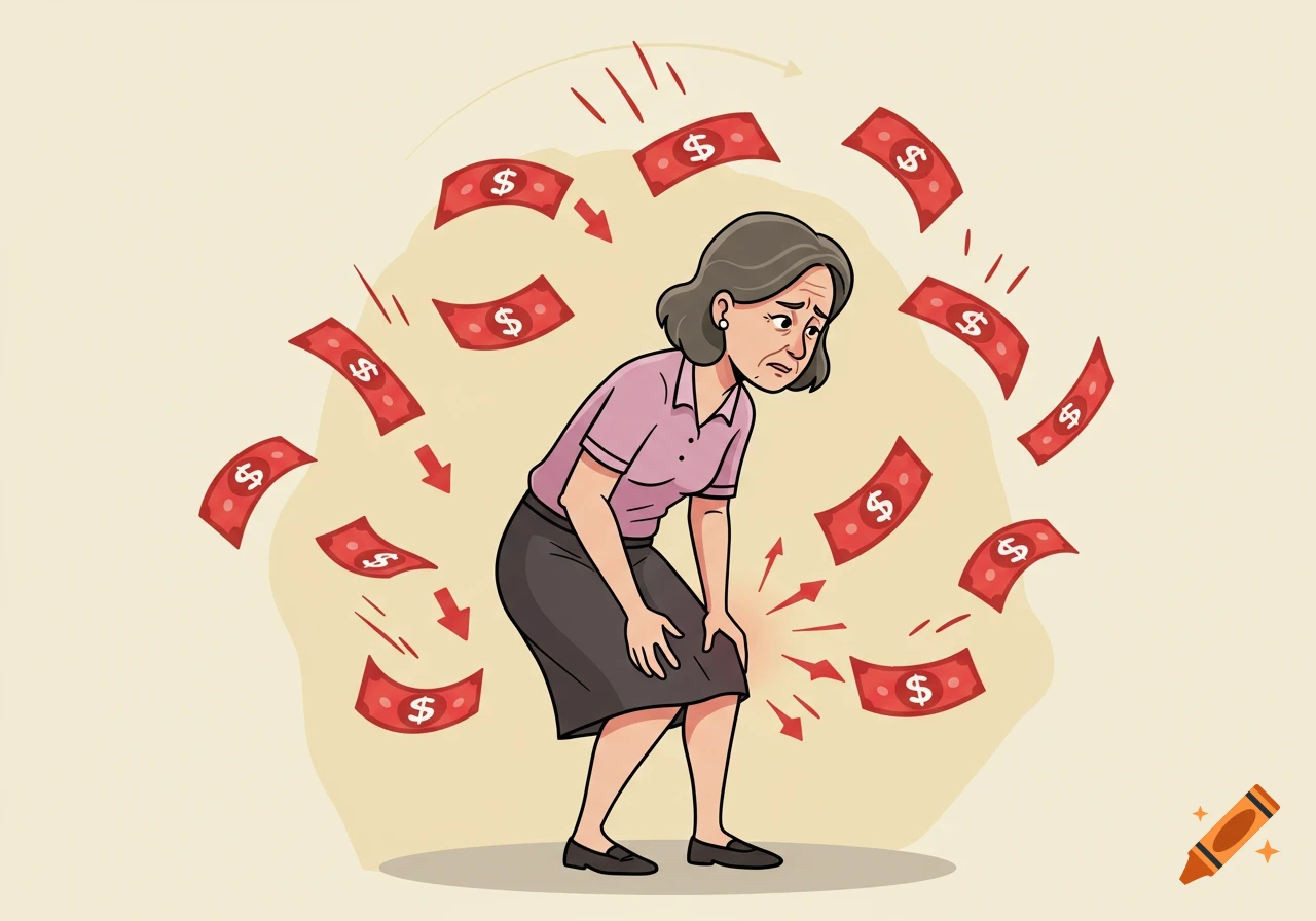 A cartoon-style distressed woman holding her knee in pain, surrounded by falling red dollar bills and down arrows, symbolizing financial loss.