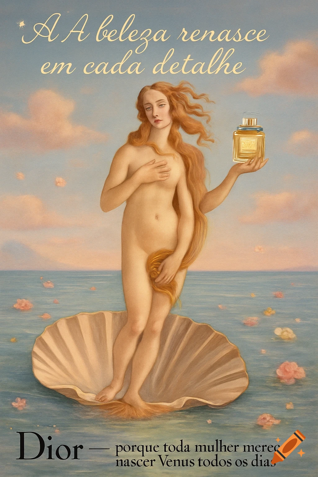 Reimagined Botticelli's Venus emerges nude from a shell, holding a Dior perfume bottle, against a pastel sky and sea. Text: "A beleza renasce em cada detalhe." and "Dior — porque toda mulher merece nascer Vênus todos os dias"