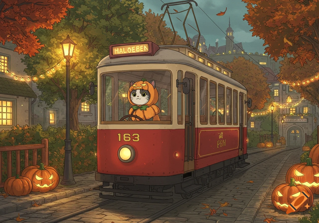 A cute cat in a pumpkin costume drives a red tram through an autumn town with jack-o'-lanterns and string lights, in Studio Ghibli style.