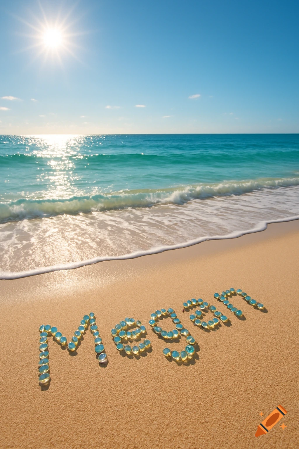 The name "Megan" written in shiny blue glass pebbles on a sandy beach with the ocean and sun in the background, photorealistic style.