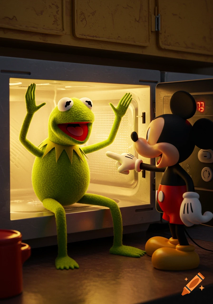 Kermit the Frog sits inside an open microwave oven, flailing his arms, while Mickey Mouse stands outside, pointing at him.