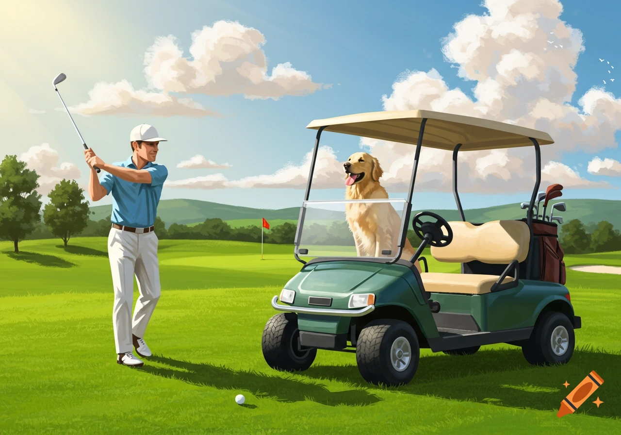 A man swings a golf club as his golden retriever sits in a golf cart on a vibrant green golf course under a cloudy sky.