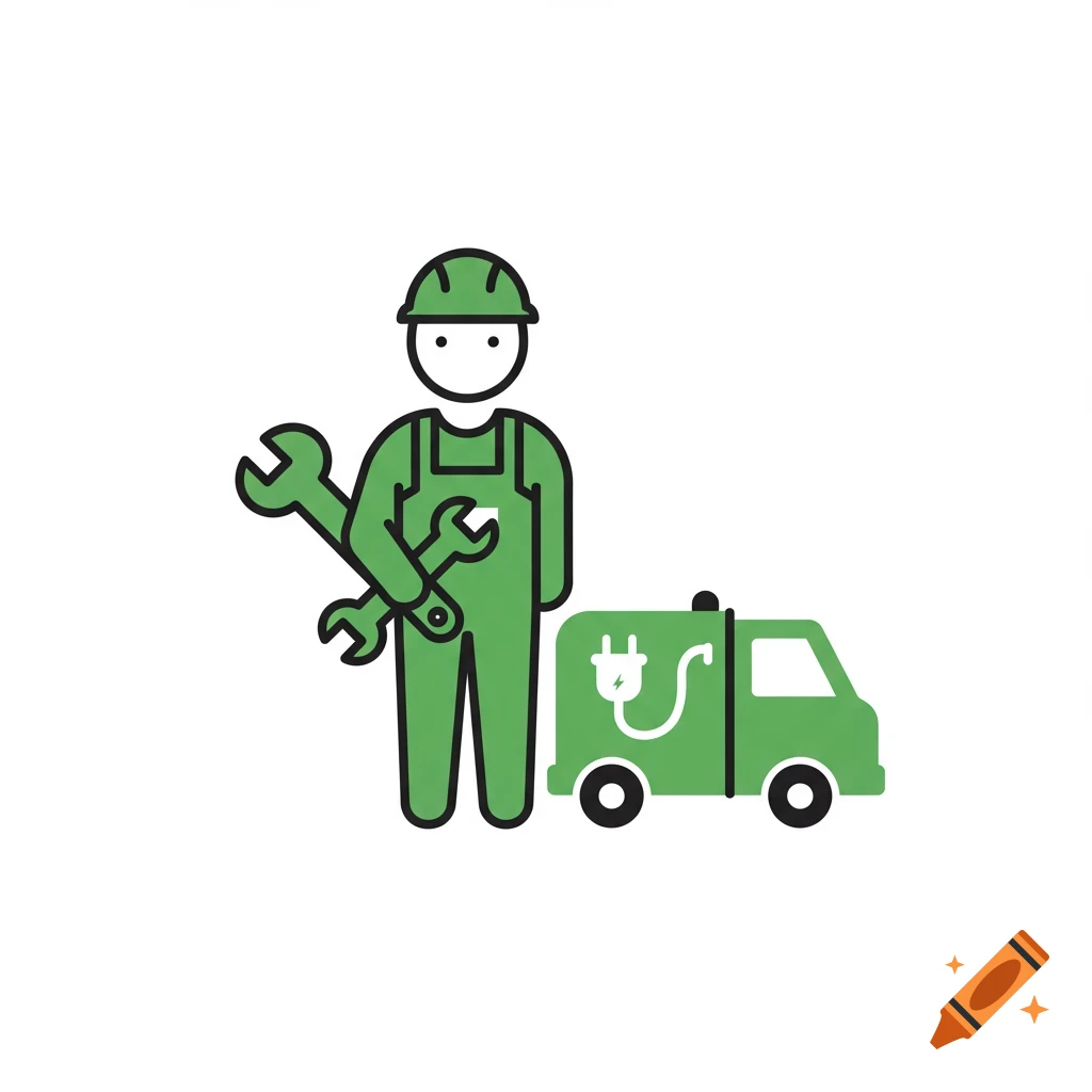 A green vector icon of a technician in a hard hat holding a wrench, standing next to an electric service van with a plug symbol.