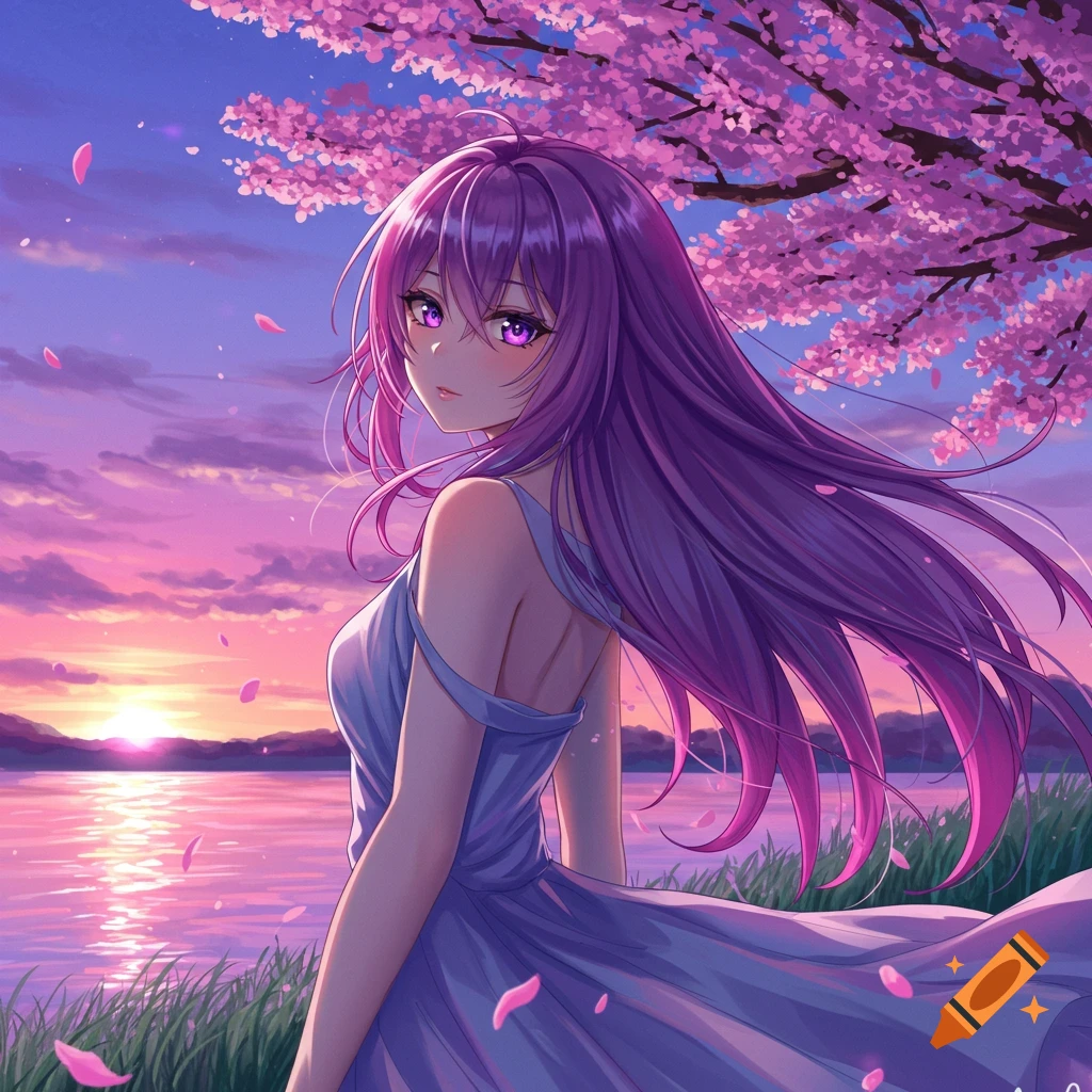 Anime girl with long purple hair and eyes in a light dress, standing by ...