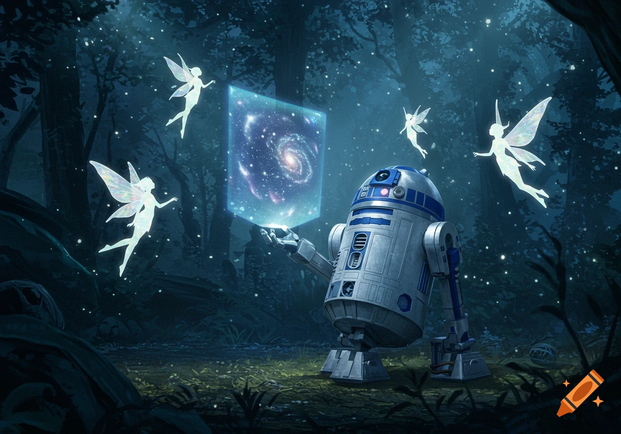 R2-D2 shows a glowing holographic galaxy to several light fairies in a dark, magical forest at night.