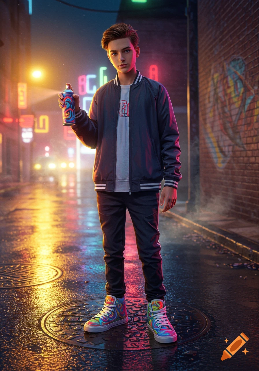 A young boy in a bomber jacket and colorful sneakers holds a spray can on a wet city street at night with neon lights and graffiti.