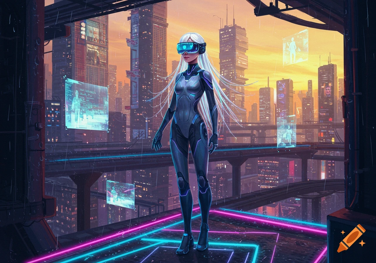 A futuristic anime-style girl in a neon-lit cyber city with holographic screens and an orange sunset.