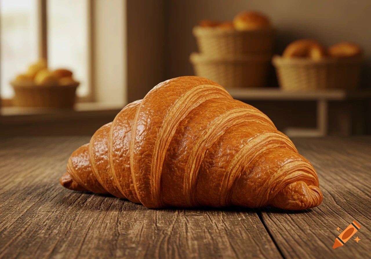 A golden-brown croissant rests on a rustic wooden table with blurred baked goods in the background.