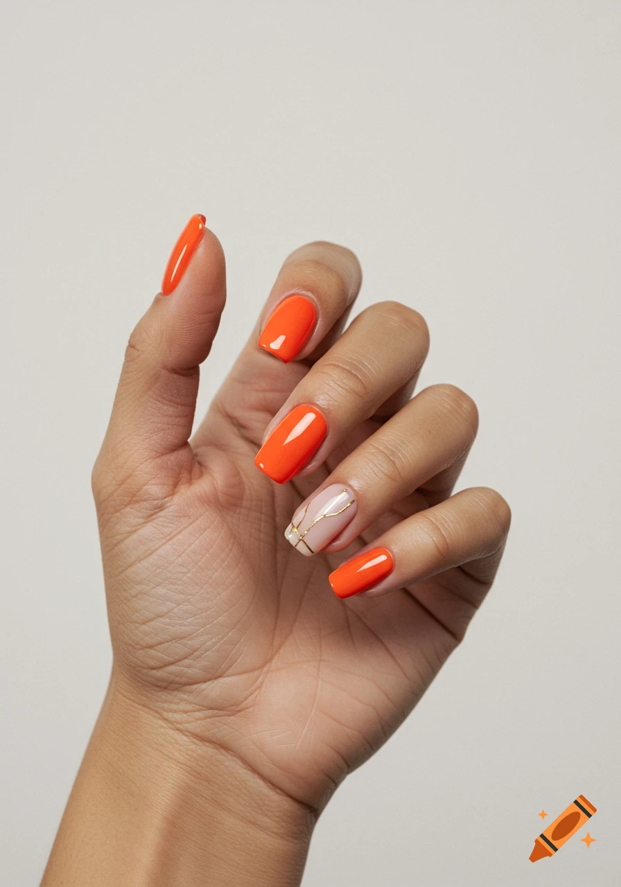 A light-tanned hand with glossy orange nails, one featuring minimal gold line art, against a soft bright background.
