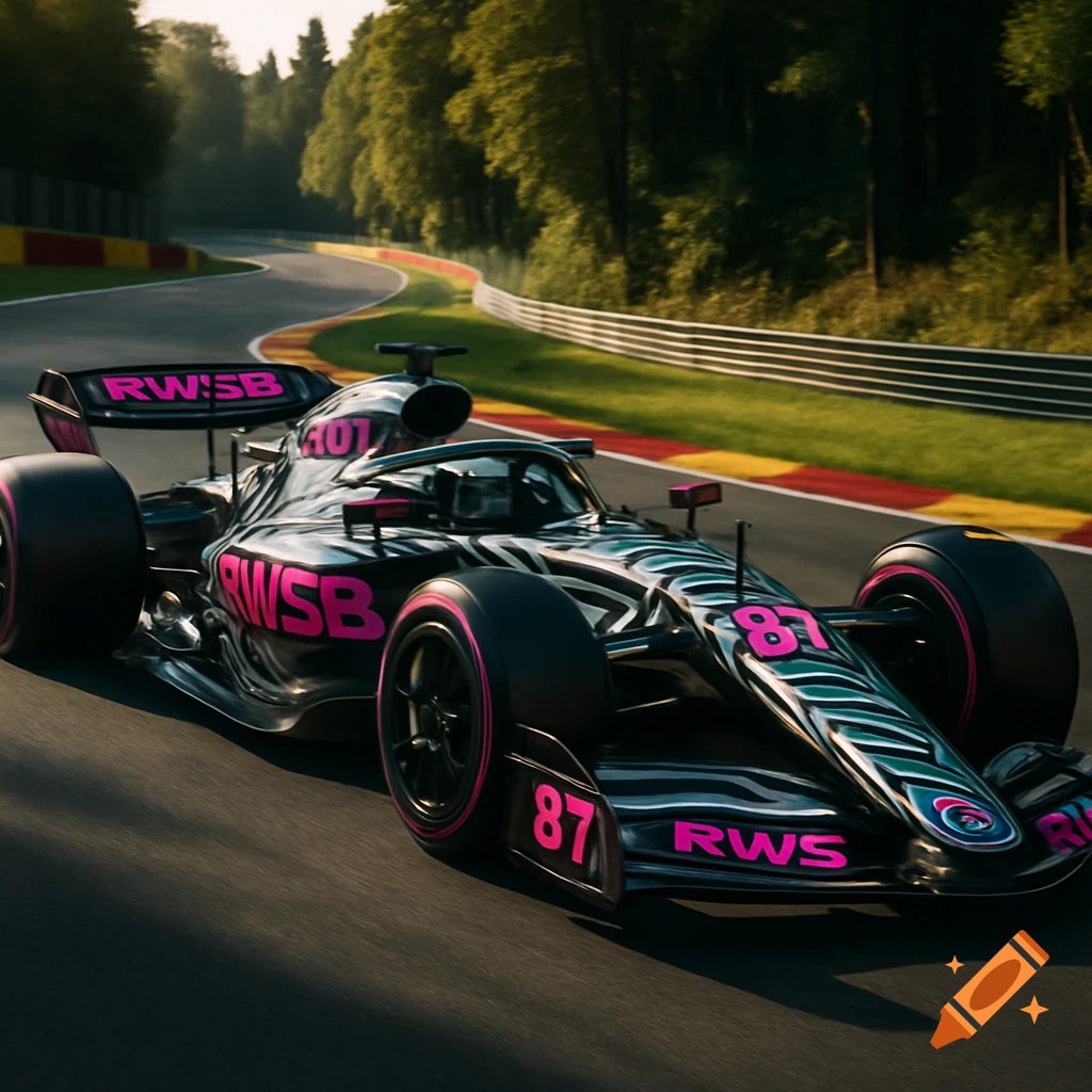 A black and pink zebra-striped Formula 1 car with the number 87 and "RWSB" logos races on a track surrounded by trees under a clear sky.