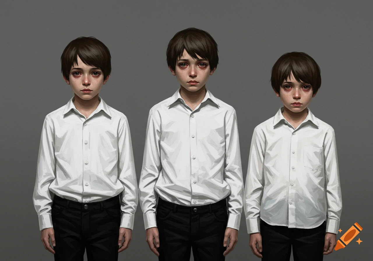 Three sad boys with dark hair and red-rimmed eyes wear white shirts and black pants against a gray background.