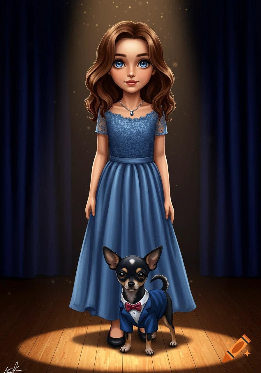 A cartoon girl with brown hair and blue eyes in a blue dress and sapphire necklace stands on a stage with a chihuahua in a blue tuxedo.