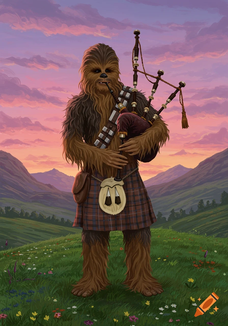 Chewbacca from Star Wars wears a kilt and plays bagpipes in a vibrant sunset mountain landscape.