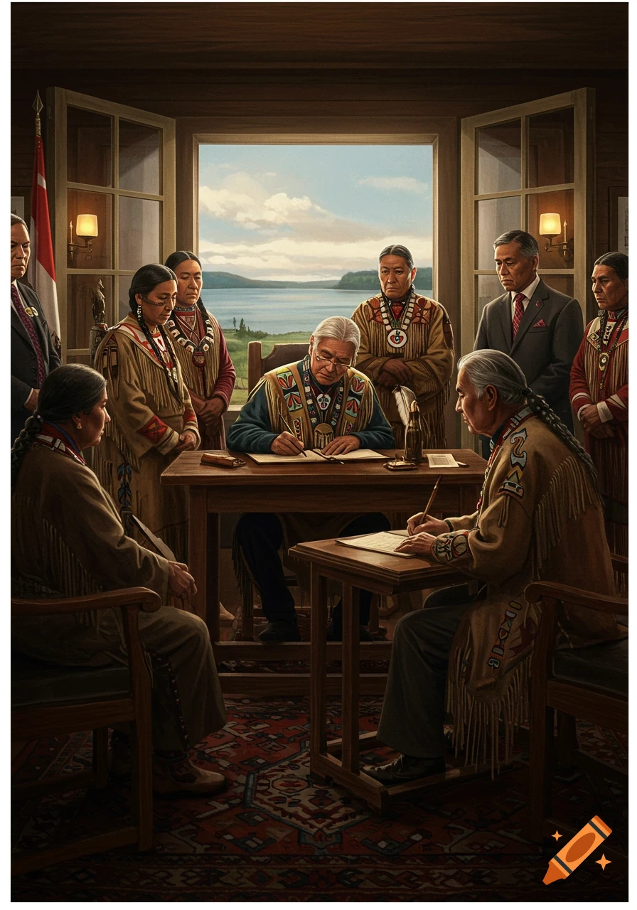 Photorealistic image of Indigenous leaders signing documents in a formal room overlooking a lake.