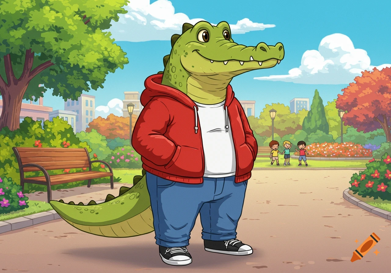 A friendly cartoon anthropomorphic alligator in a red hoodie, blue pants, and sneakers stands in a park with trees and children.