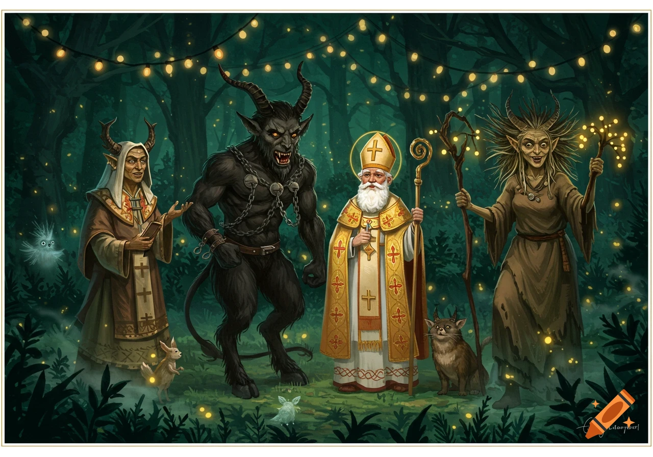 Stylized illustration of Krampus, St. Nicholas, Baba Yaga, and a horned figure in an enchanted forest with string lights.