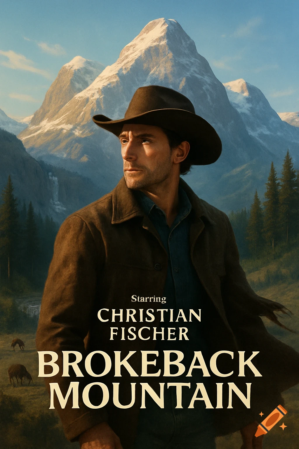 Photorealistic movie poster of a man in a cowboy hat against snowy mountains, text reads 'Starring Christian Fischer' and 'BROKEBACK MOUNTAIN'.