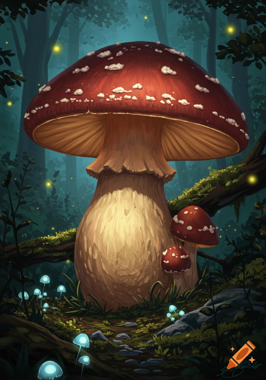 A massive red and white spotted mushroom stands prominently in a magical, dimly lit forest with glowing blue mushrooms and fireflies, in a painterly style.