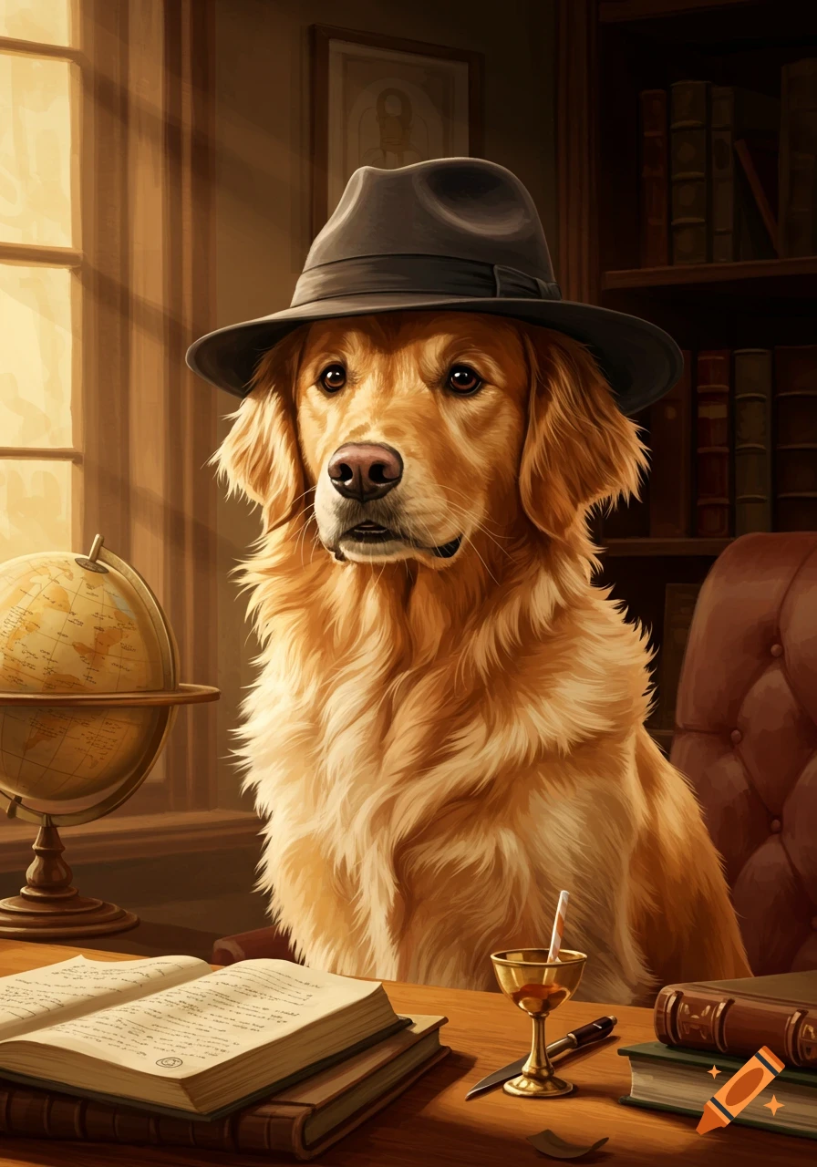 A Golden Retriever wearing a fedora sits at a wooden desk with an open book, a globe, and a quill in a warm, illustrated room.