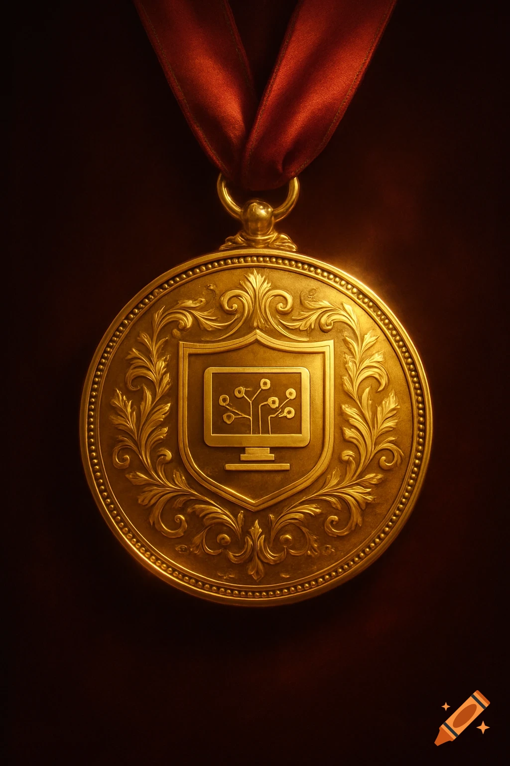 A shiny gold medal with intricate filigree patterns hangs from a deep red ribbon against a dark background. The medal's center features a shield emblem with a stylized computer monitor showing a circuit board design.