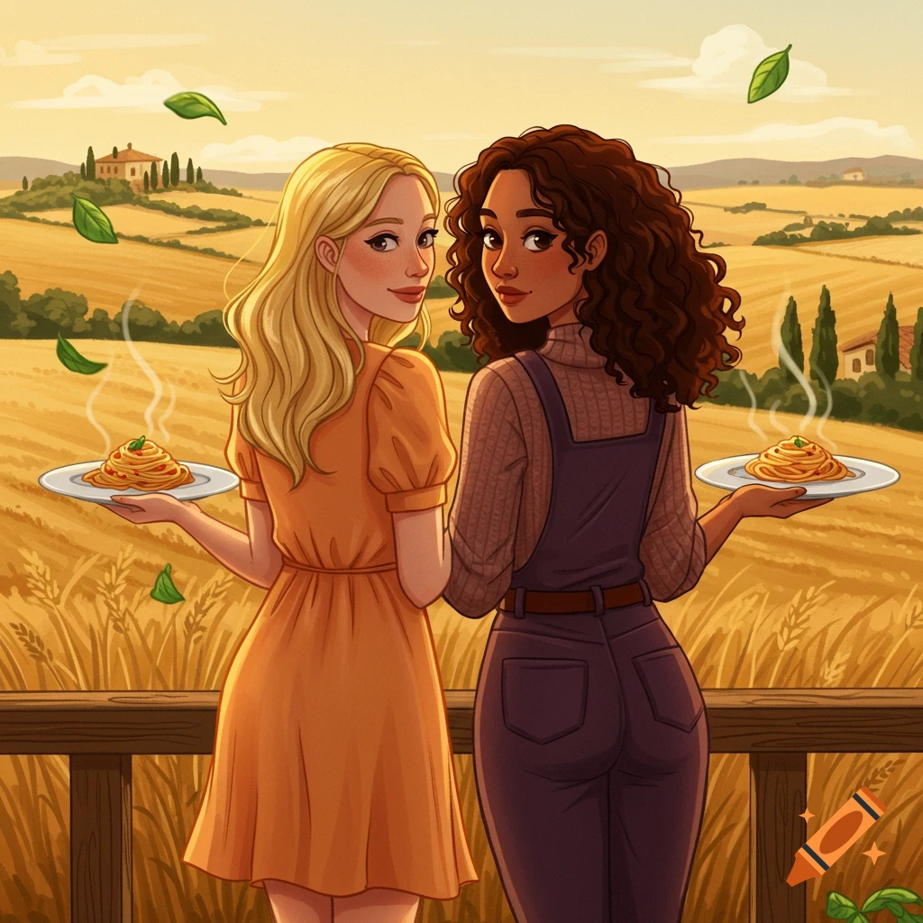 Illustrated women holding pasta, looking back over a golden wheat field and rolling hills at sunset.