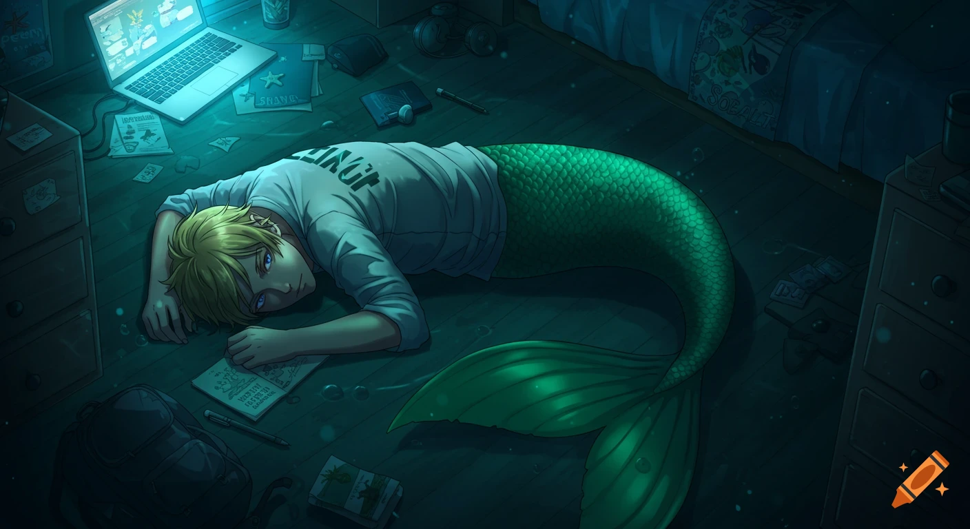 Anime merman with blond hair and a green tail lies on his bedroom floor next to a laptop and backpack.