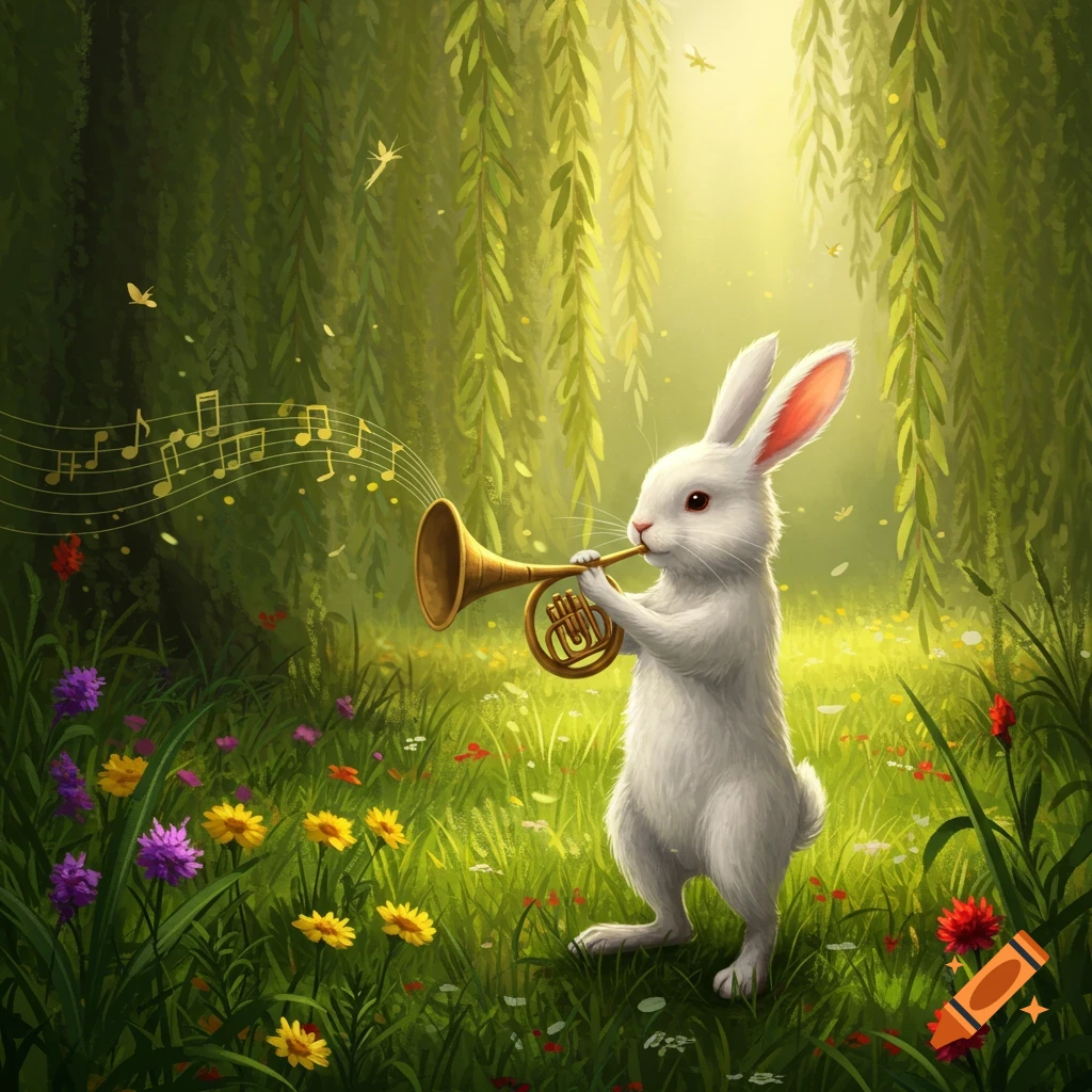 A white rabbit plays a golden horn in a lush, sunlit forest meadow filled with colorful wildflowers, with musical notes floating.